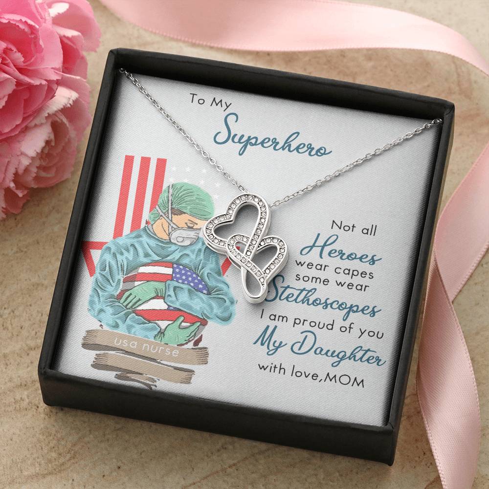 My Superhero Nurse Daughter Interlocking  Double Hearts Necklace