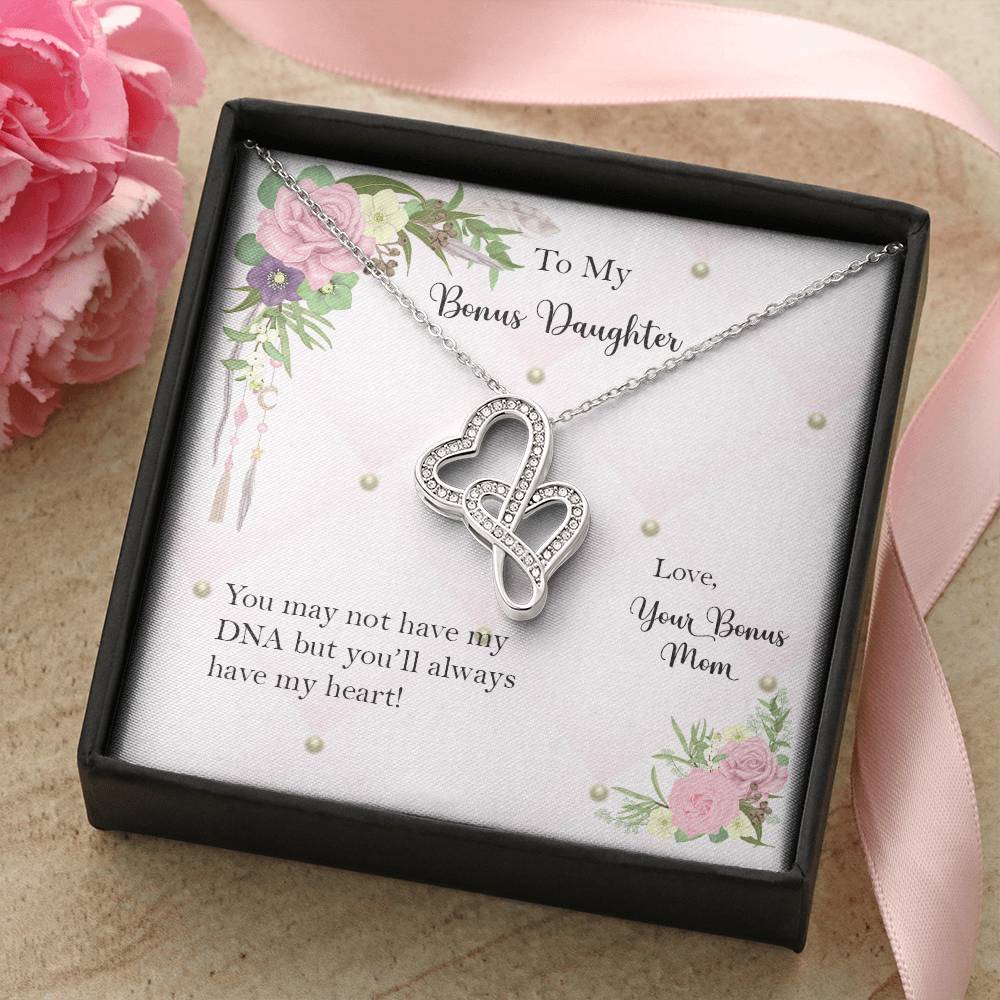 Bonus Daughter From Bonus Mom No Dna But You Have My Heart  6 Double Hearts Necklace