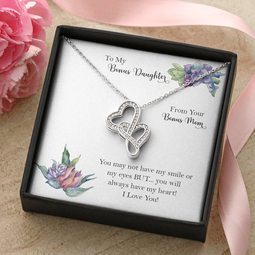 Bonus Daughter From Bonus Mom No Dna But You Have My Heart  9 Double Hearts Necklace
