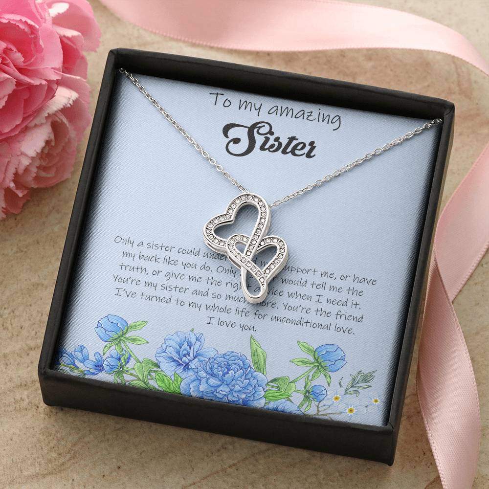 To My Amazing Sister - Blue Double Hearts Necklace