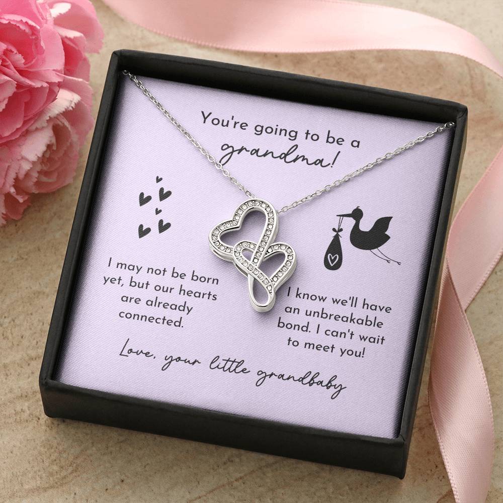 Grandma To Be Birth Announcement Double Hearts  Lavender Stork Double Hearts Necklace