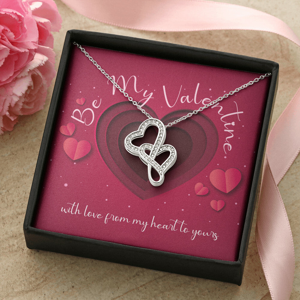 Be My Valentine Double Heart Necklace Sparkling Crystals On 14K White Gold Thoughtfully Presented With Gift Box. Double Hearts Necklace