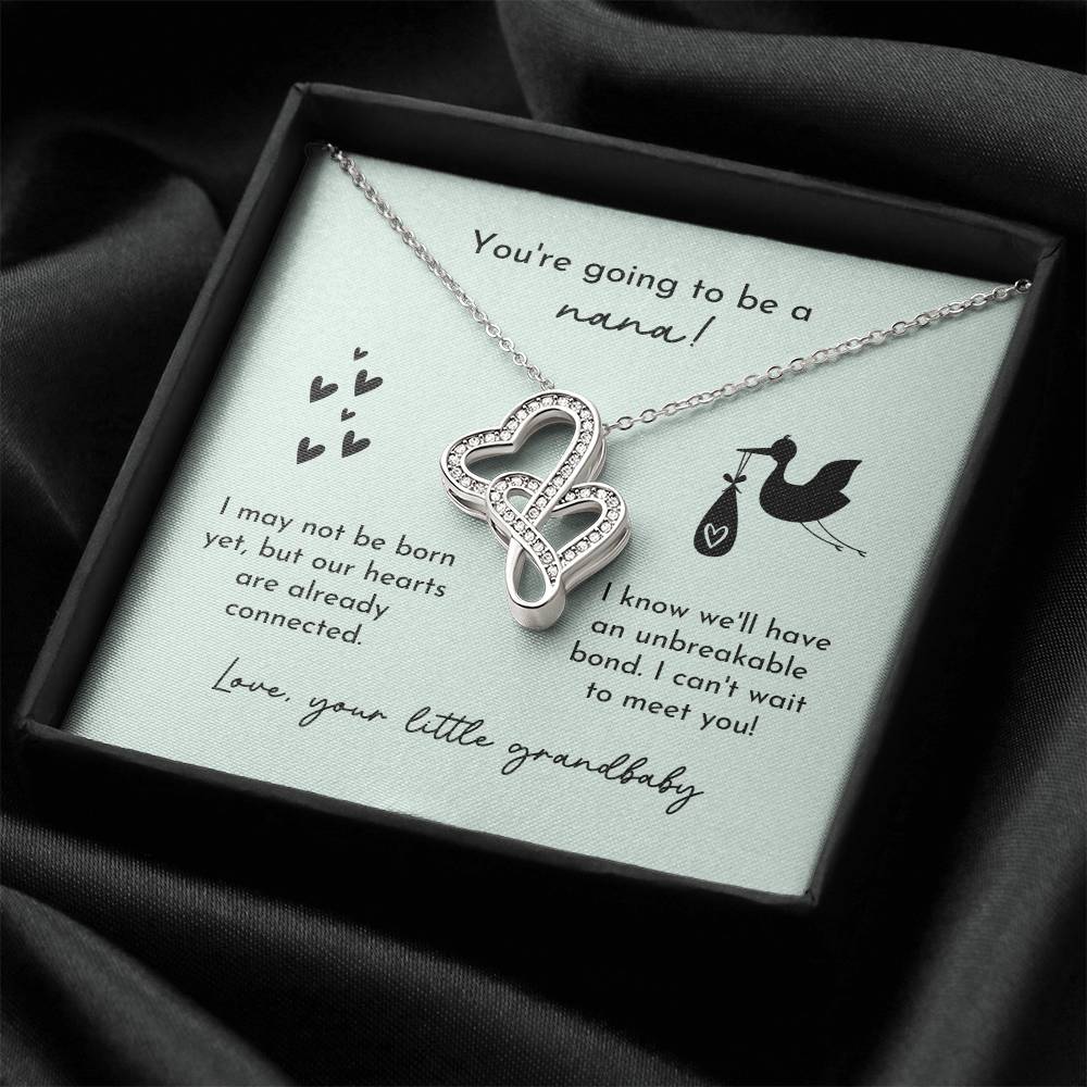 Nana To Be Birth Announcement Double Hearts  Mint Stork Double Hearts Necklace