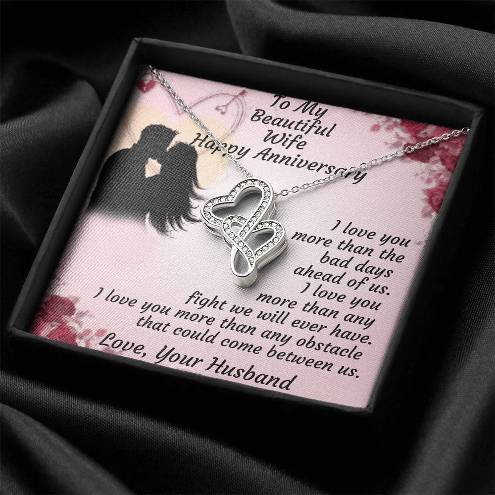 To My Beautiful Wife Happy Anniversary -  Double Hearts Necklace