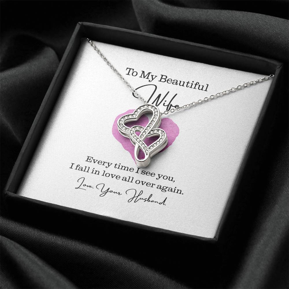 To My Beautiful Wife - Fall In Love All Over Again Double Hearts Necklace
