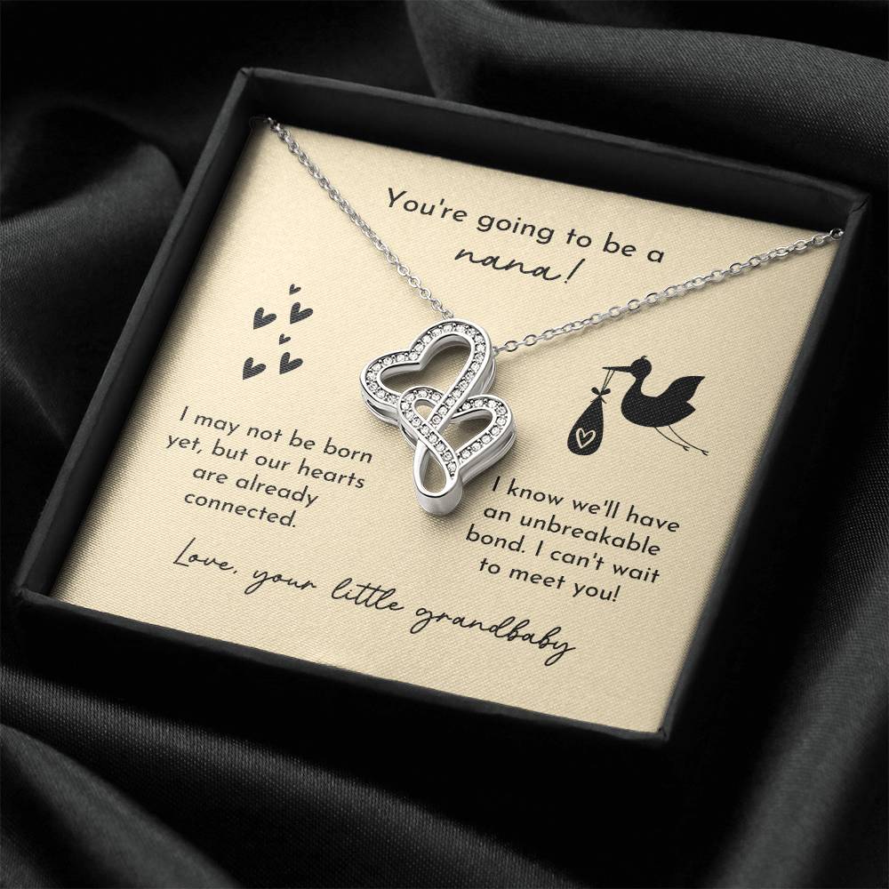 Nana To Be Birth Announcement Double Hearts  Yellow Stork Double Hearts Necklace