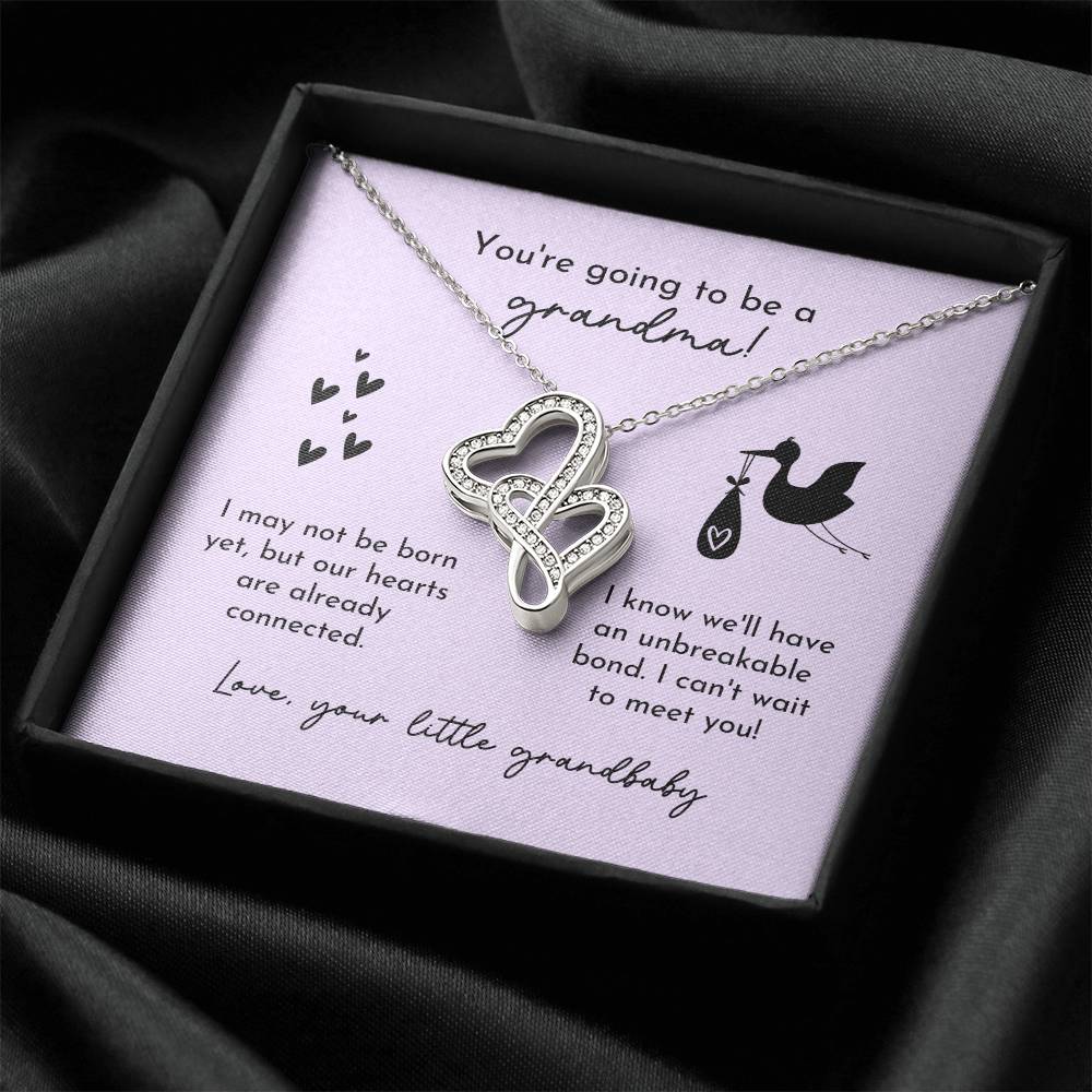 Grandma To Be Birth Announcement Double Hearts  Lavender Stork Double Hearts Necklace