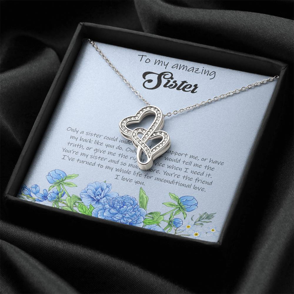 To My Amazing Sister - Blue Double Hearts Necklace