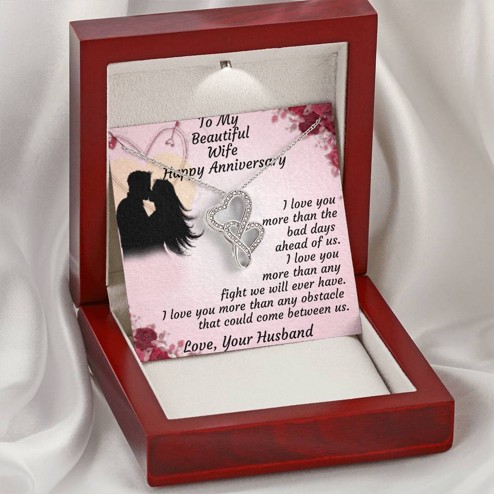To My Beautiful Wife Happy Anniversary -  Double Hearts Necklace