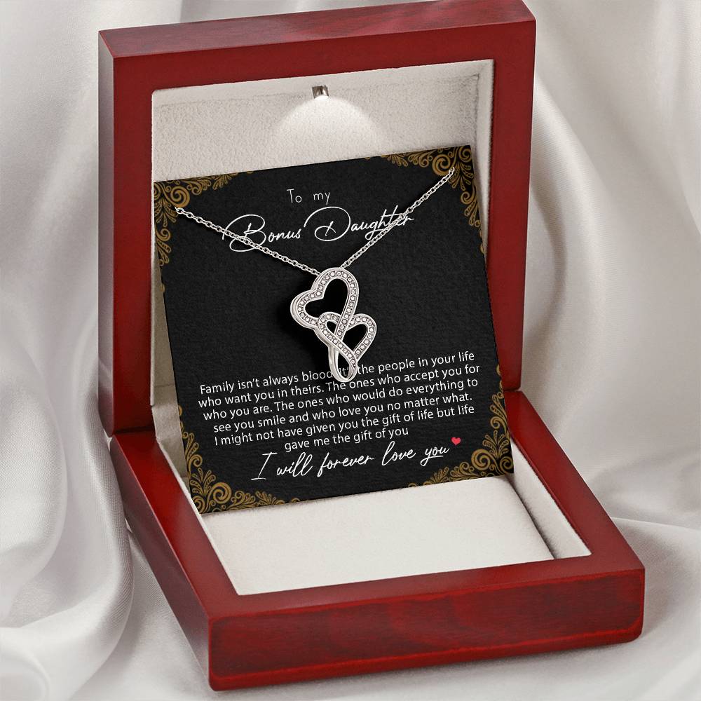 To My Bonus Daughter Family Isn't Always Blood  Double Hearts Necklace