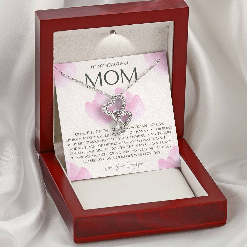 To My Beautiful Mom Necklace  Badass Mom Gift  Mother's Day Gift  Daughter To Mom Gift  Gift From Daughter To Mom On W Double Hearts Necklace