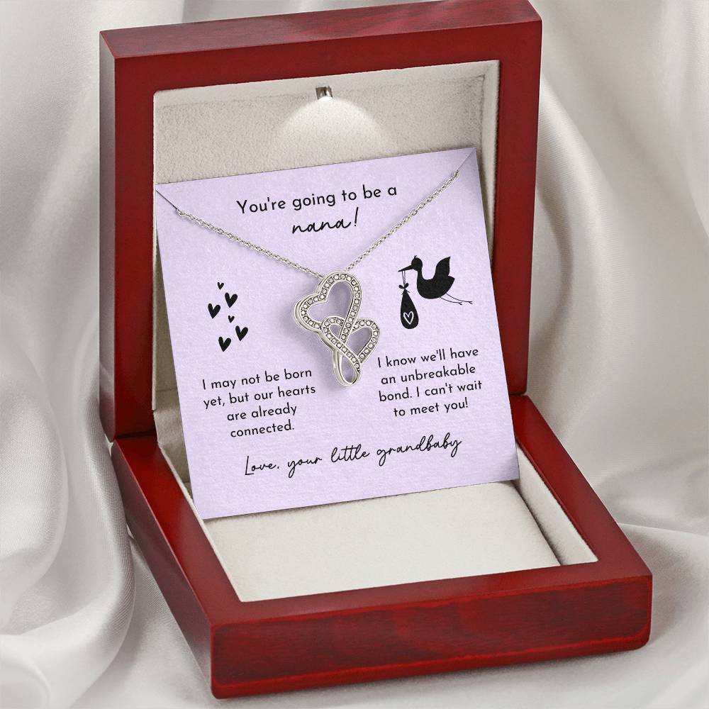 Nana To Be Birth Announcement Double Hearts  Lavender Stork Double Hearts Necklace