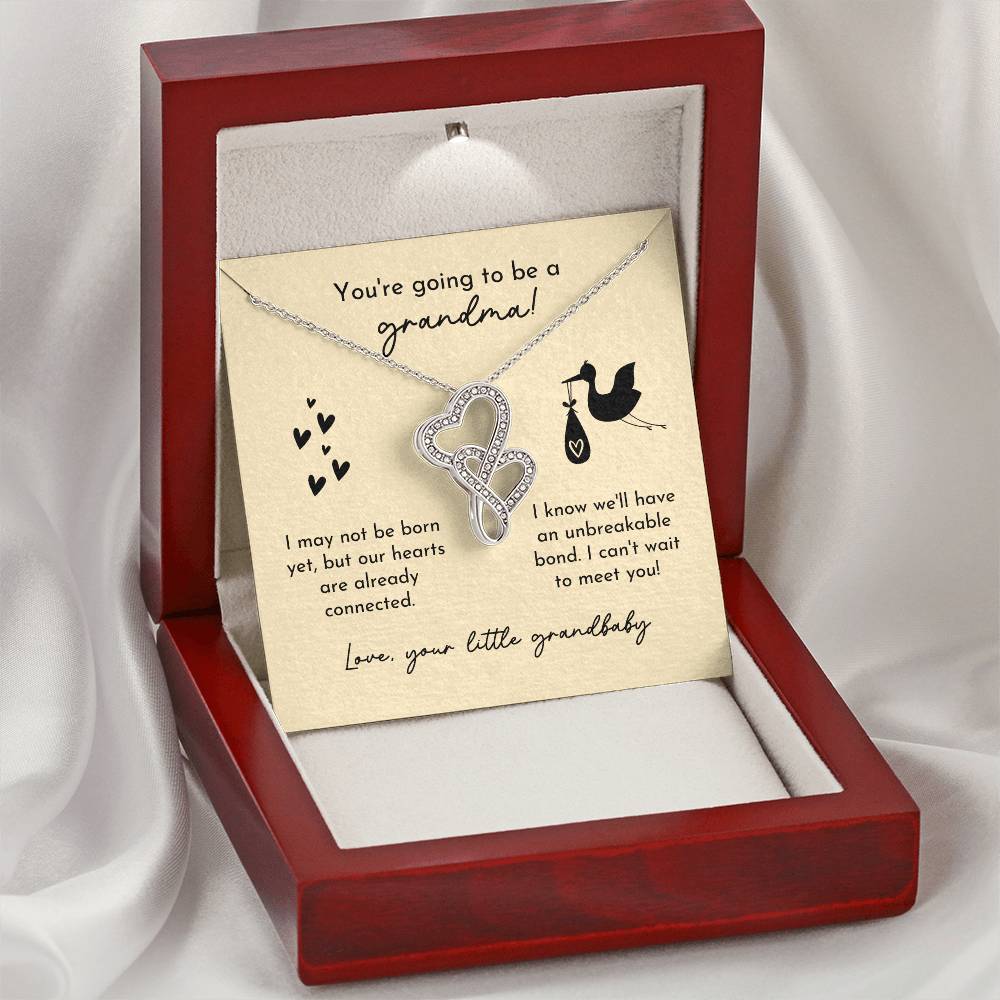 Grandma To Be Birth Announcement Double Hearts  Yellow Stork Double Hearts Necklace