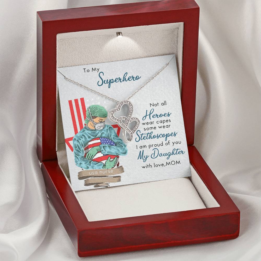 My Superhero Nurse Daughter Interlocking  Double Hearts Necklace