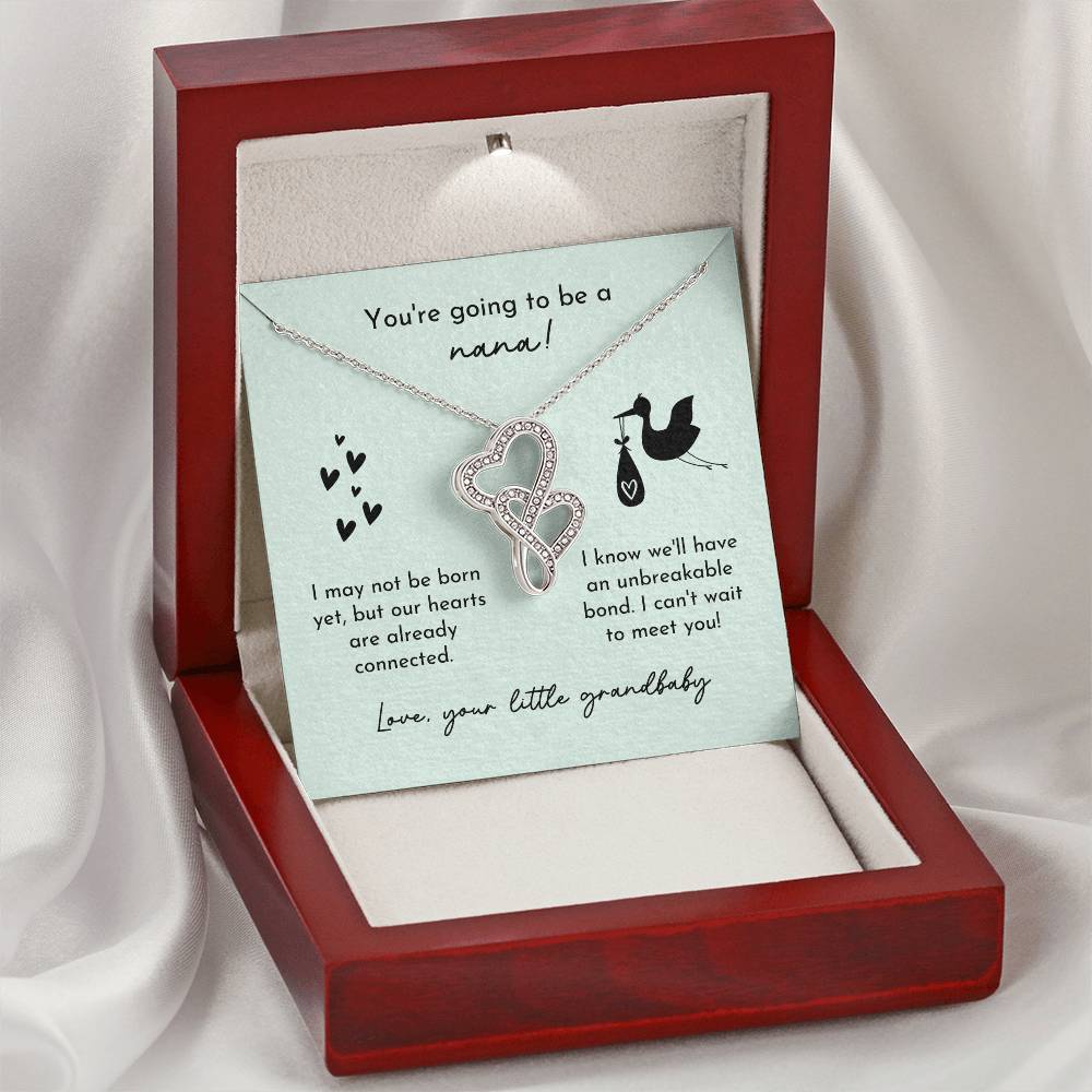 Nana To Be Birth Announcement Double Hearts  Mint Stork Double Hearts Necklace