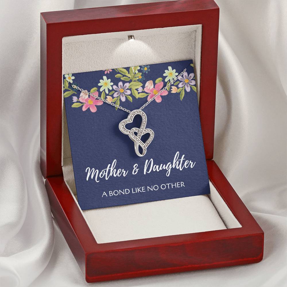 Mother And Daughter A Bond Like No Other 14K White Gold Stainless Steel Necklace Pendant - Gift From Daughter To Mom O Double Hearts Necklace
