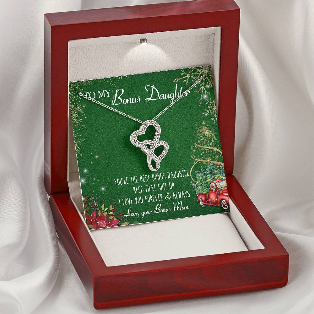 To My Bonus Daughter Forever Love Necklace Christmas Gift - Bonus Daughter Double Heart Necklace - Step Daughter Gift  Double Hearts Necklace