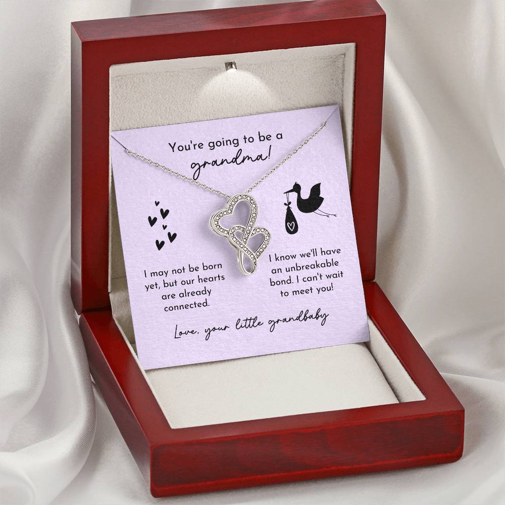 Grandma To Be Birth Announcement Double Hearts  Lavender Stork Double Hearts Necklace
