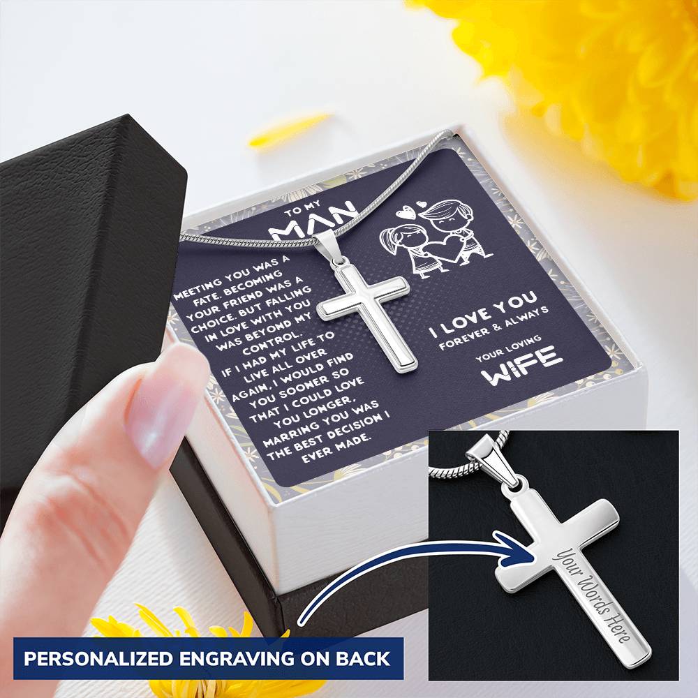 Anniversary Gift For Husband  Gift For Husband From Wife. Customize Engraved Cross Necklace