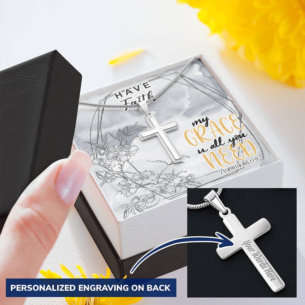 Dad To Son Gifts - My Grace Is All You Need Customize Engraved Cross Necklace
