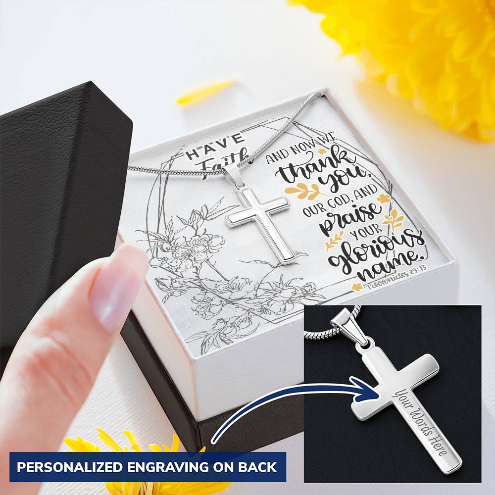 Dad To Son Gifts - Thank You Our God And Praise Your Glorious Name Customize Engraved Cross Necklace