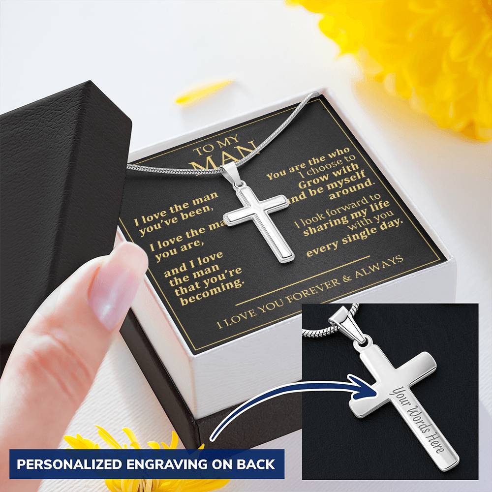 For Your Man - Love The Man You Are - Cross Customize Engraved Cross Necklace