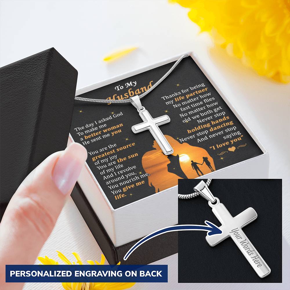 For Husband - Time Flies - Cross Customize Engraved Cross Necklace