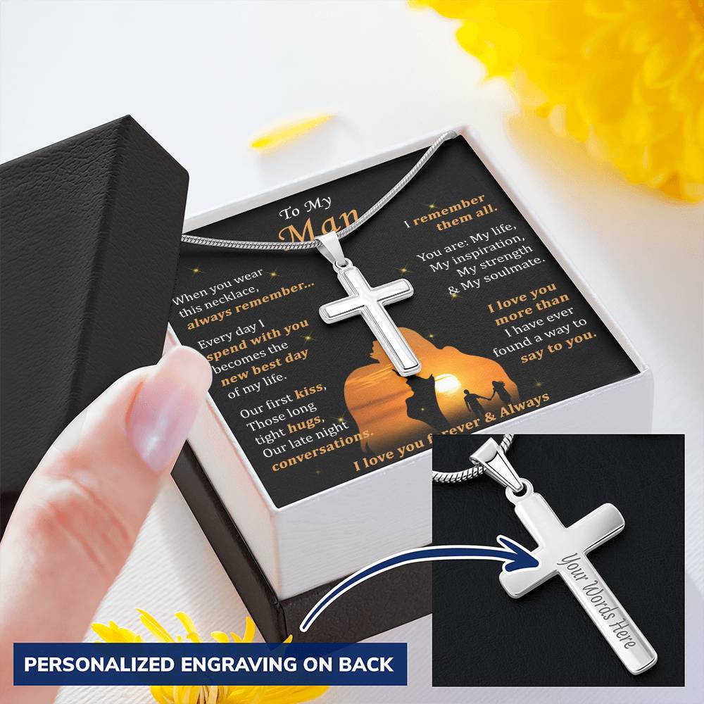For Your Man - Long Tight Hugs - Cross Customize Engraved Cross Necklace