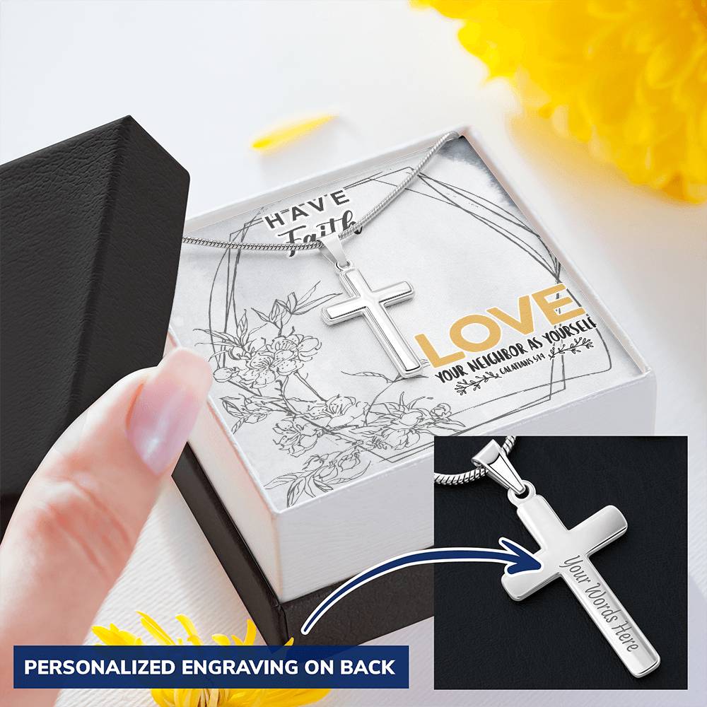 Dad To Son Gifts - Love Your Neighbor As Yourself Customize Engraved Cross Necklace