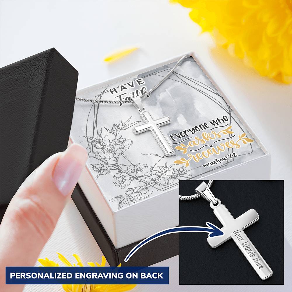 Dad To Son Gifts Cross Necklace Chain Bible Verse - Everyone Who Asks Receives Customize Engraved Cross Necklace
