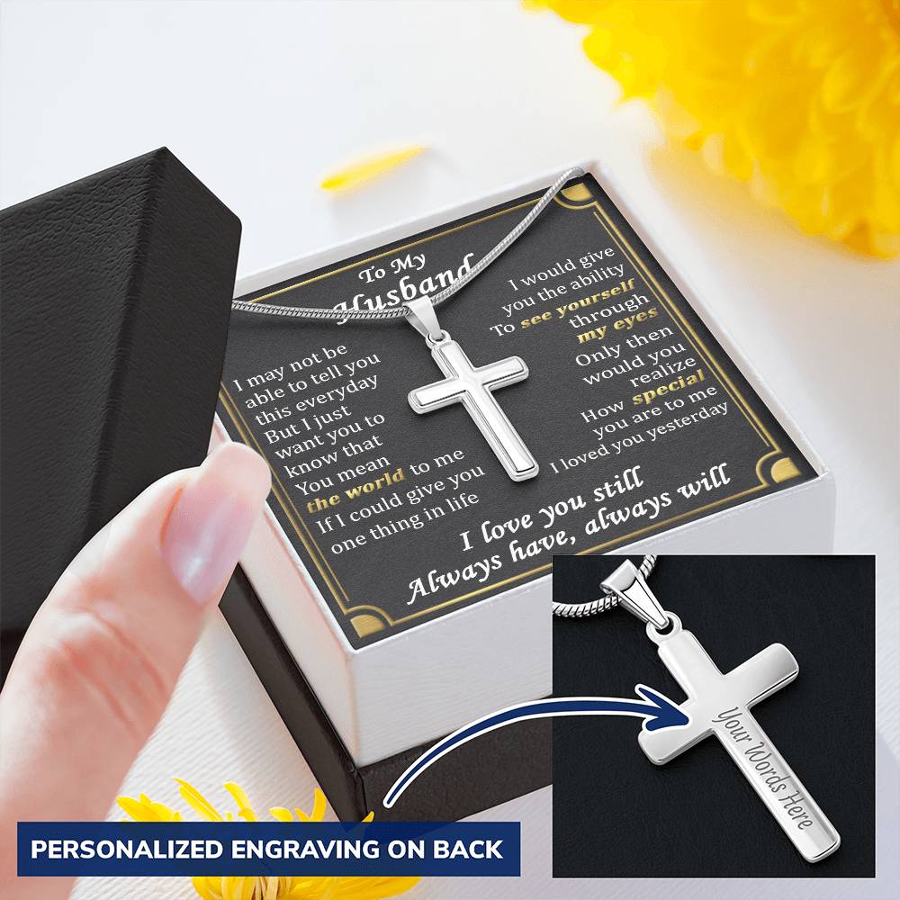 For Husband - The World - Cross Customize Engraved Cross Necklace
