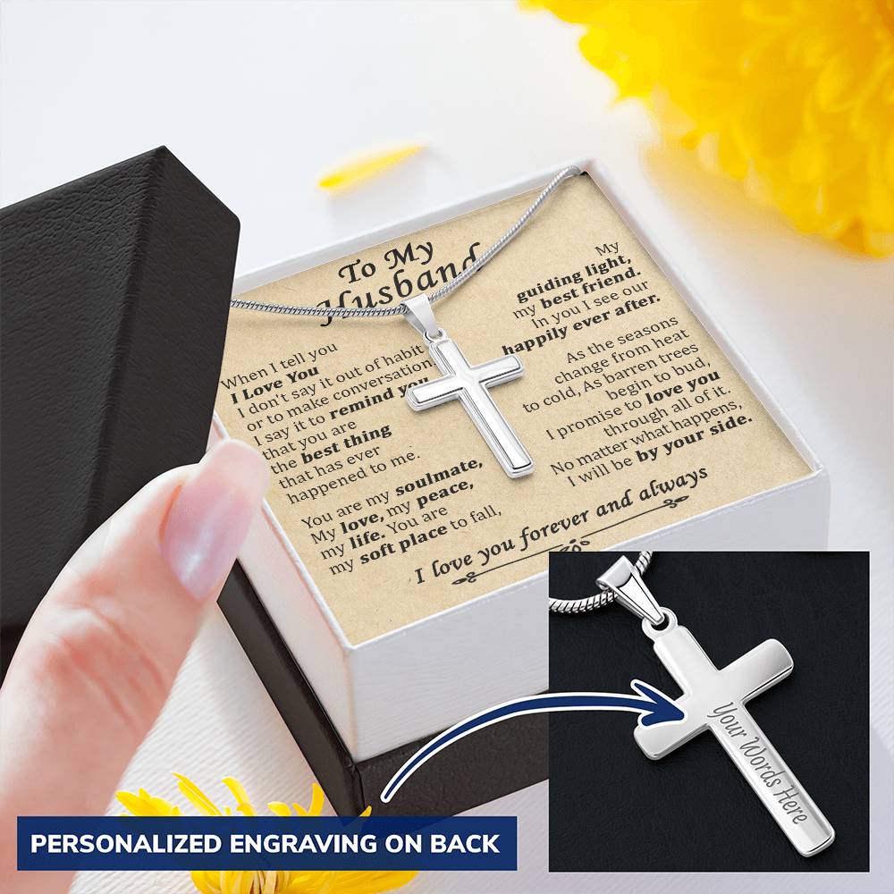 For Husband - I Will Be By Your Side - Cross Customize Engraved Cross Necklace