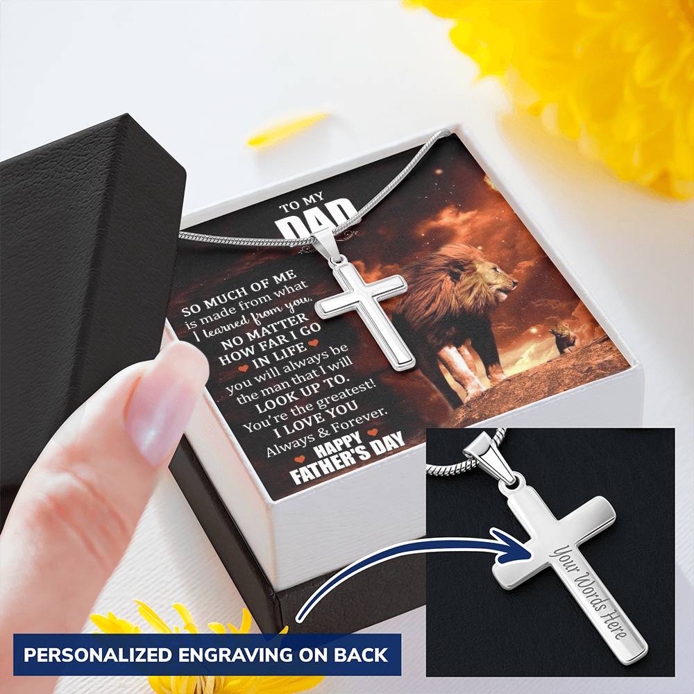 Cross Necklace Gift - Lion Dad Customize Engraved Cross Necklace