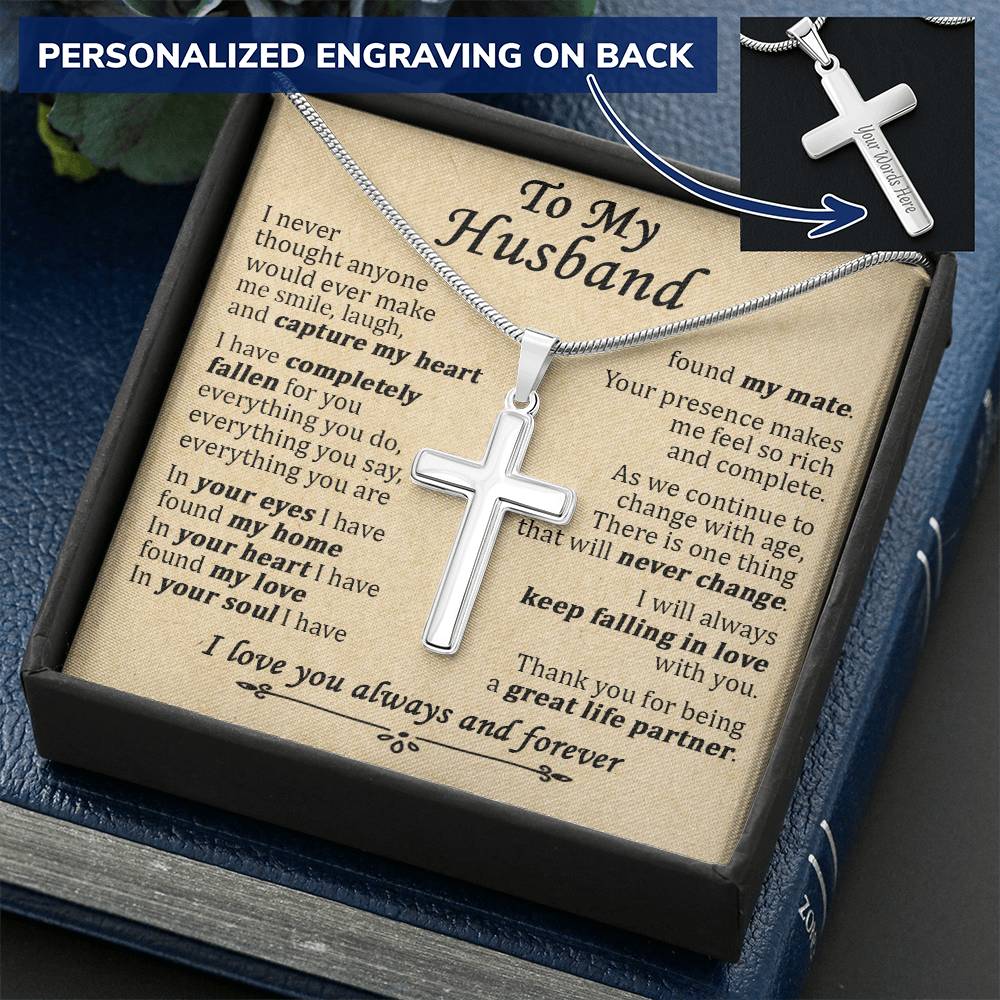 For Husband - Keep Falling In Love - Cross Customize Engraved Cross Necklace