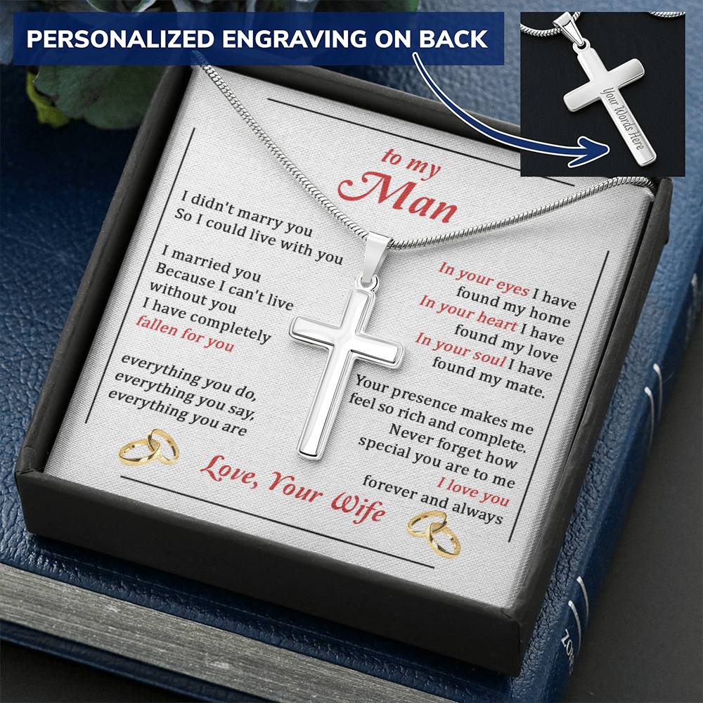 For Your Man - Can't Live Without You - Cross Customize Engraved Cross Necklace