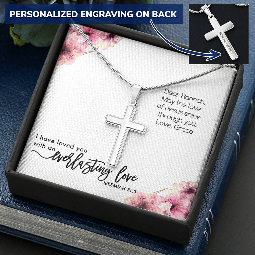 Baptism Cross Gift For Women - I Have Loved You With An Everlasting Love Card Customize Engraved Cross Necklace