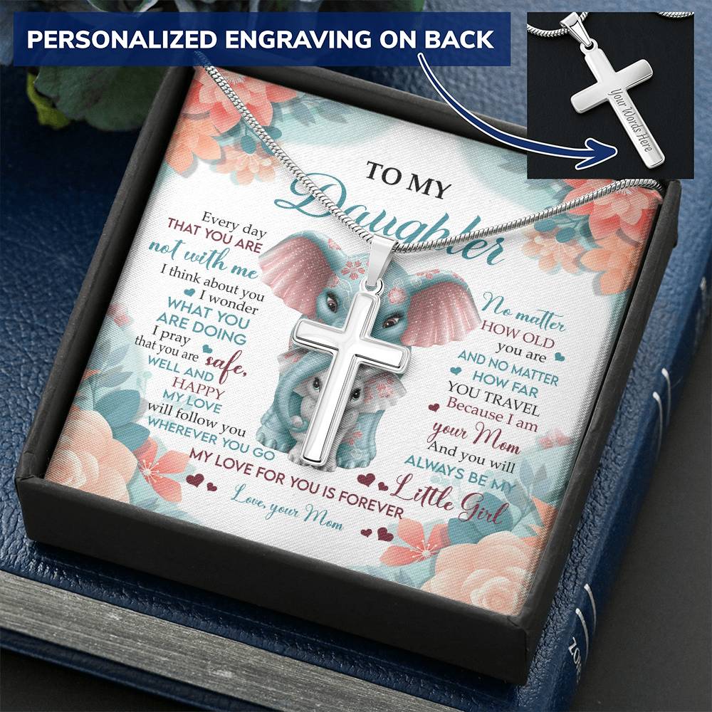 To My Daughter Cross Necklace - Elephant Lovers Customize Engraved Cross Necklace