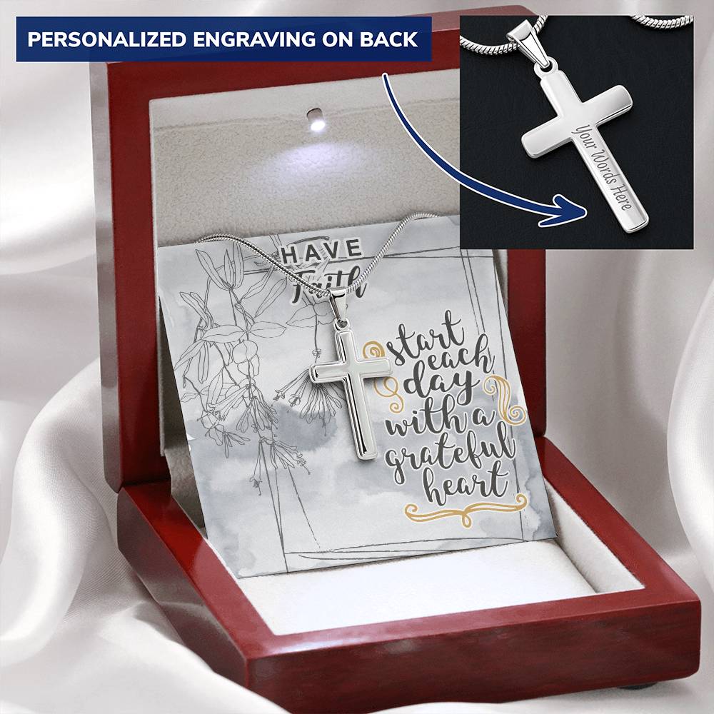 Dad To Son Gifts - Start Each Day With A Grateful Heart Customize Engraved Cross Necklace