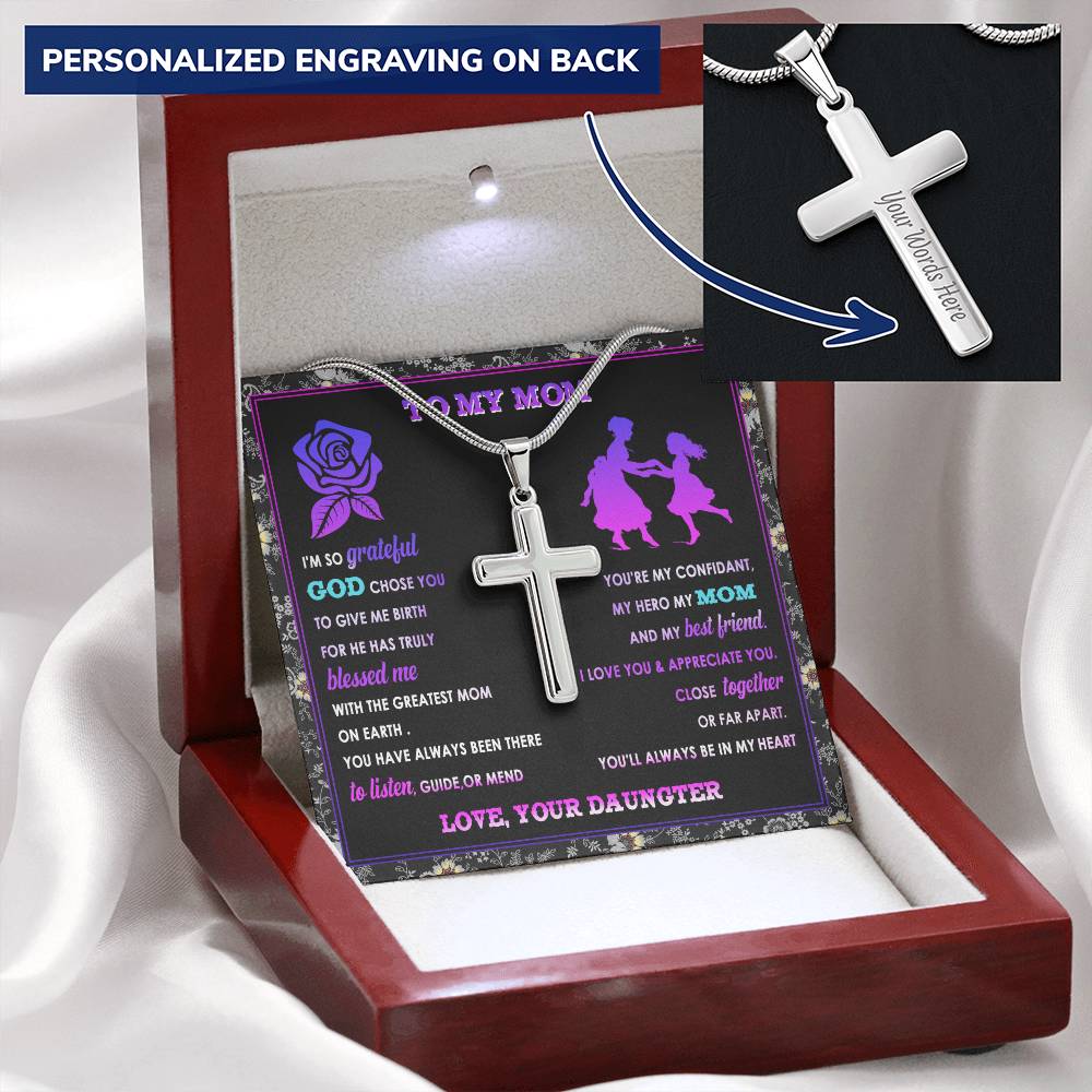 For Mom - So Grateful God Chose You - Cross Customize Engraved Cross Necklace