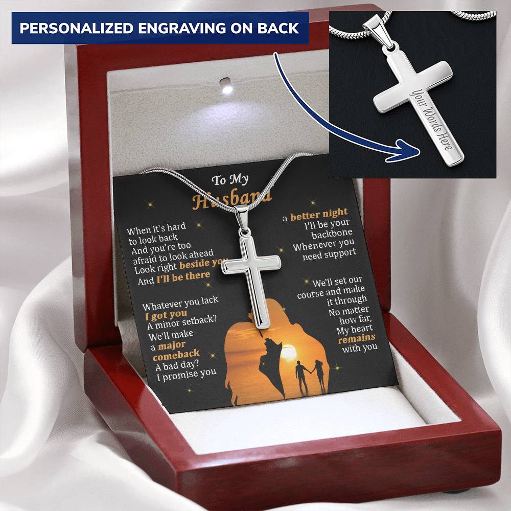 For Husband - My Heart Remains - Cross Customize Engraved Cross Necklace