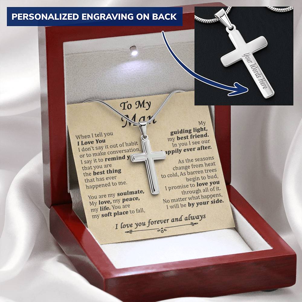 For Your Man - I Will Be By Your Side - Cross Customize Engraved Cross Necklace