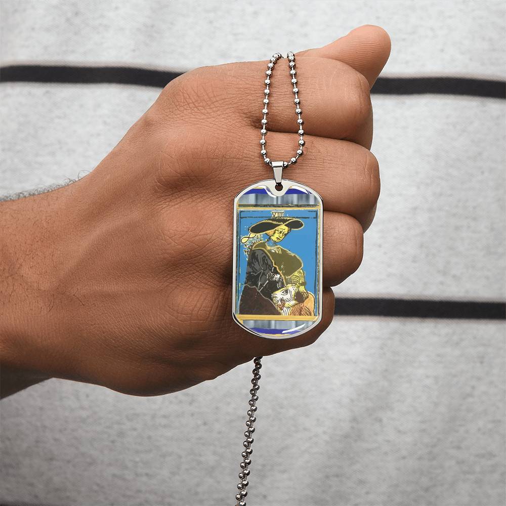 Tarot Card Strength Pendant Necklace In Gold Or Silver Finish - New Strength Tarot Card Jewelry Design - Army Tag Necklace, Dog Tag Necklace