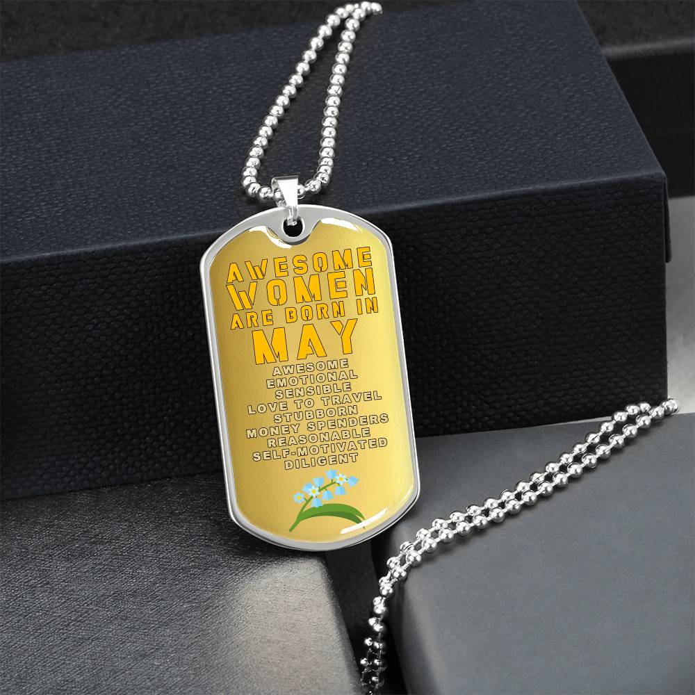 Awesome Women Are Born In May Luxury Necklace With Dog Tag Gold - Army Tag Necklace, Dog Tag Necklace