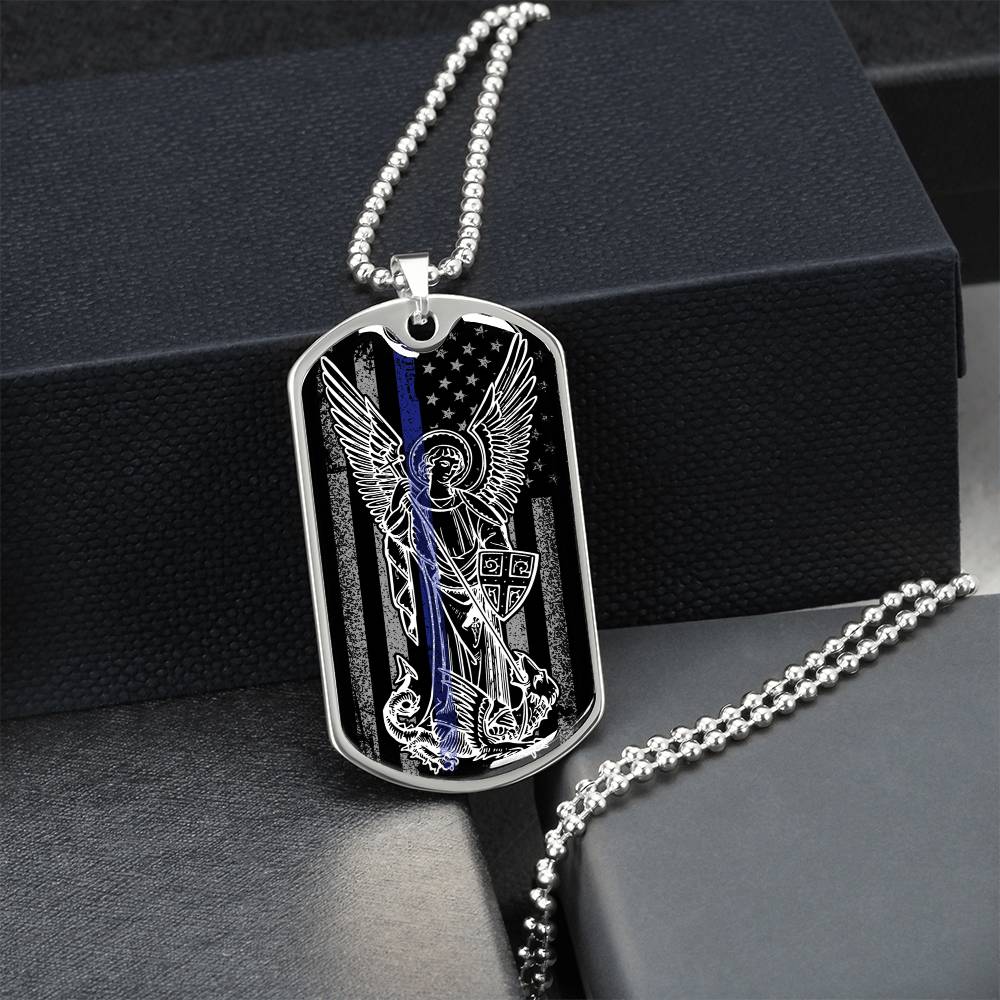 Police Officer Thin Blue Line With Archangel Michael - Military Style Dogtag - Army Tag Necklace, Dog Tag Necklace