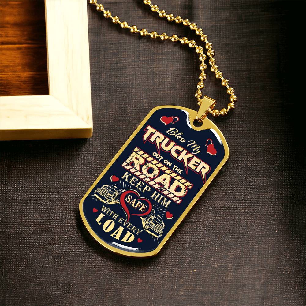Bless My Trucker - Gift For Trucker - Truck Driver Gifts - Army Tag Necklace, Dog Tag Necklace