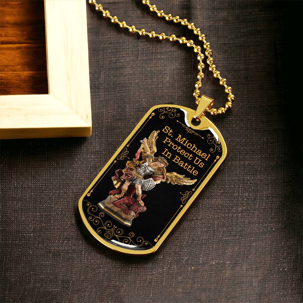 Men's Bronze Archangel St. Michael Shield Necklace, Antiqued Brass Chain, St Michael Protect Us In Battle Police Dog Tag - Army Tag Necklace, Dog Tag Necklace