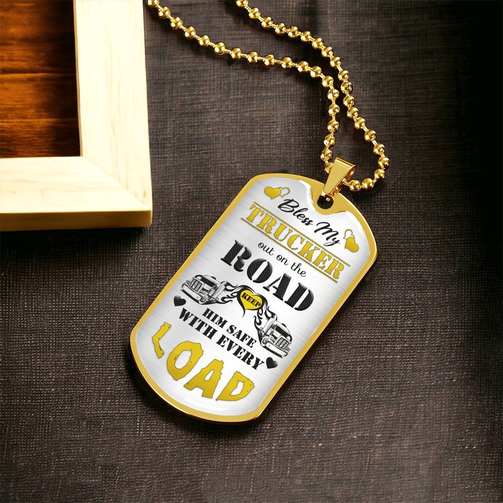 Bless My Trucker - Gift For Trucker - Truck Driver Gifts - Gift From Truckers Wife - Army Tag Necklace, Dog Tag Necklace