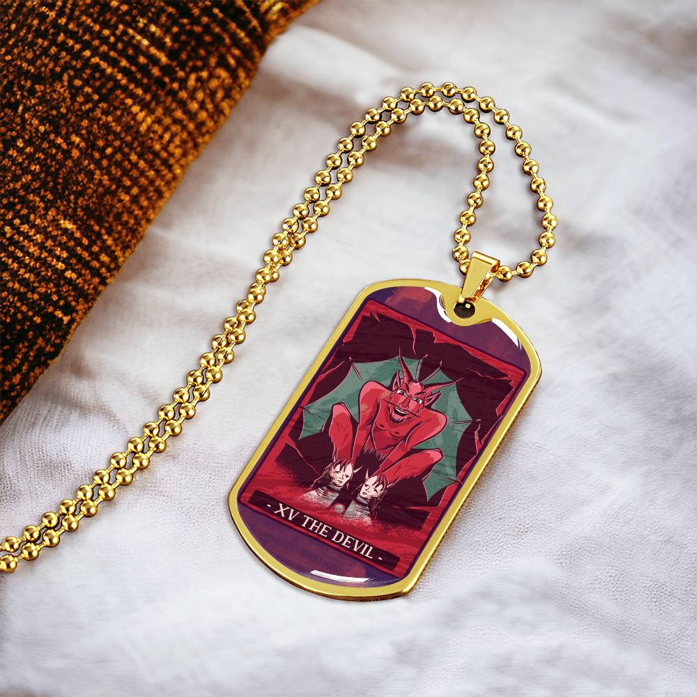 Tarot Card Necklace. Silver Or Gold. For Wiccans, Astrology, Zodiac, Spiritual, Best Friend. Boho. The Devil Card - Army Tag Necklace, Dog Tag Necklace