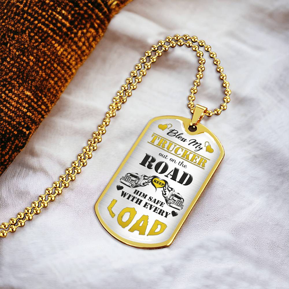 Bless My Trucker - Gift For Trucker - Truck Driver Gifts - Gift From Truckers Wife - Army Tag Necklace, Dog Tag Necklace