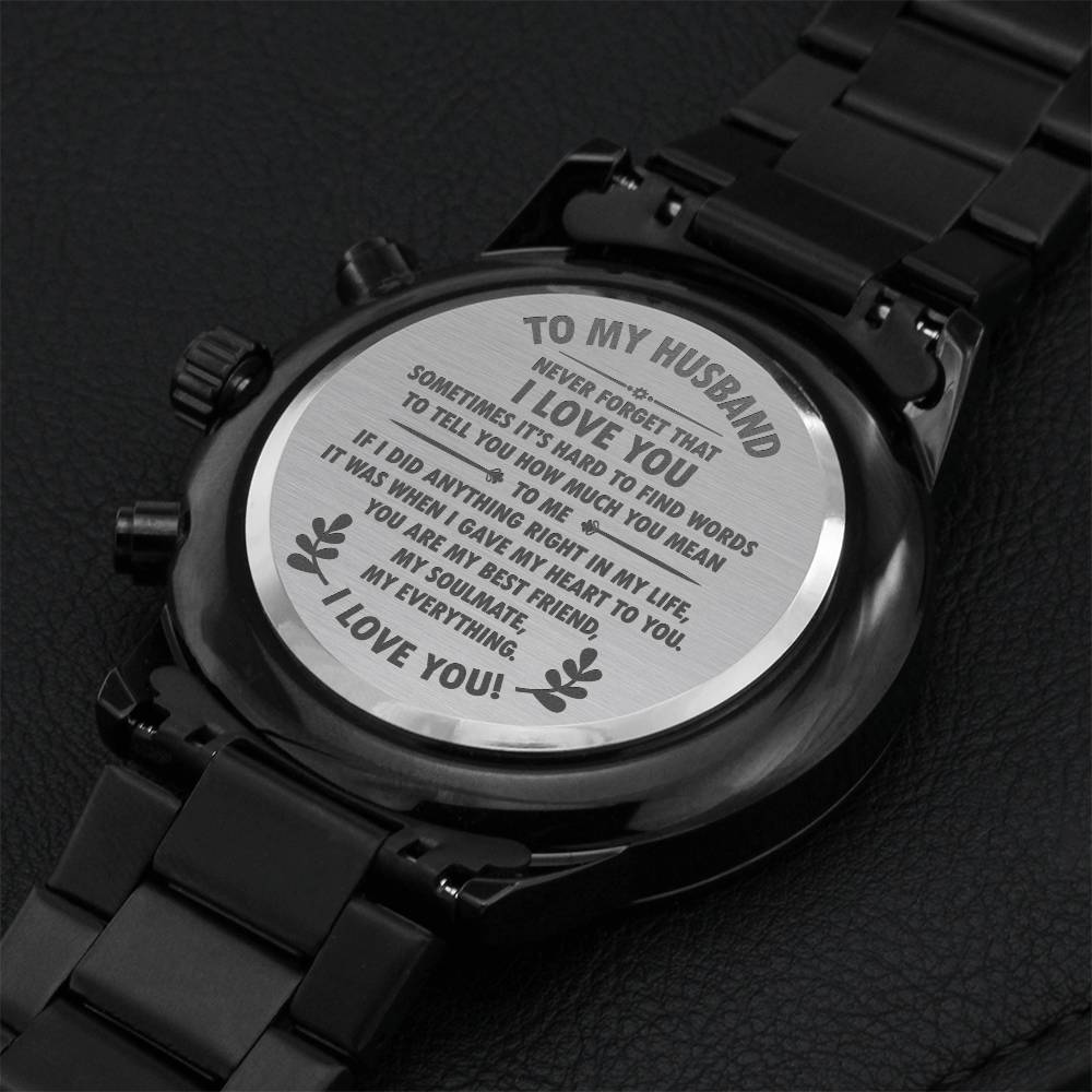 My Husband - Never Forget That I Love You Stainless Steel Watch For Men Father's Day Gift From Wife Engraving Chronograph Watch